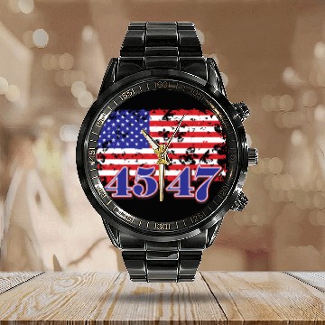 Discover Distressed American Flag with Numeric Overlay Calendar Steel Band Watch