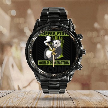 Discover Coffee First World Domination Second Panda Bear Calendar Steel Band Watch