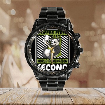 Discover Coffee First World Domination Second Panda Bear Calendar Steel Band Watch