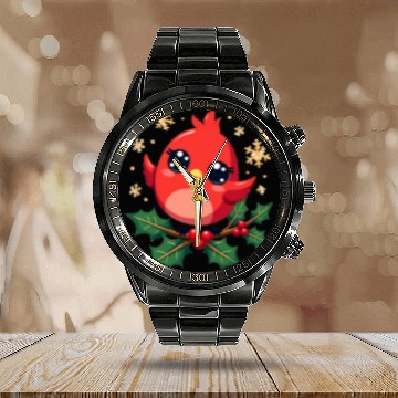 Discover Elegant Christmas Cardinal on Holly Branch Calendar Steel Band Watch