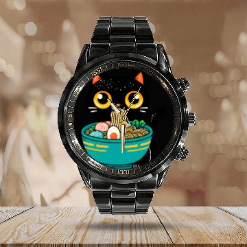 Discover Funny Cat Eating Ramen Japanese Cat Ramen Noodles Calendar Steel Band Watch