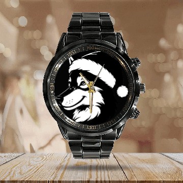 Discover Festive Husky with Santa Hat Calendar Steel Band Watch