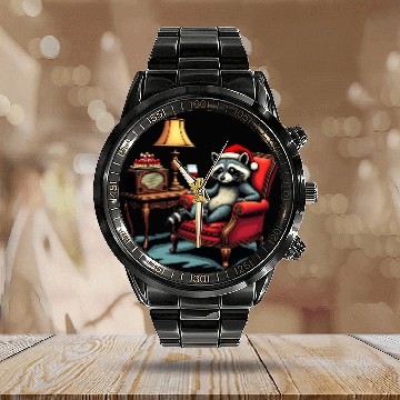Discover Raccoon Sitting in a Chair, Sipping Wine unique Gi Calendar Steel Band Watch