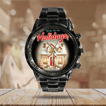Discover Home for the Holidays, Merry Christmas Calendar Steel Band Watch