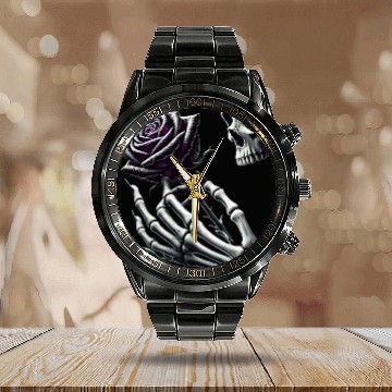 Discover Skeleton Hand Holding a Poisonous Rose Calendar Steel Band Watch