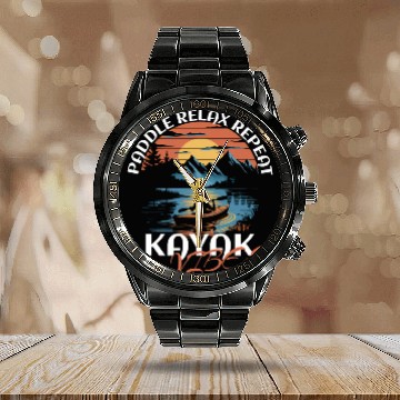 Discover Paddle Relax Repeat Kayak Fishing Vibes Design Calendar Steel Band Watch