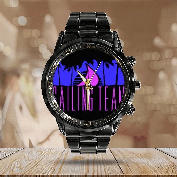 Discover Sailing Team Ship Sun Palm Trees Sunset Sunrise Calendar Steel Band Watch