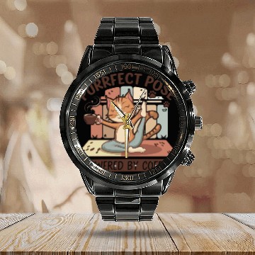 Discover yoga pose powered by coffee Calendar Steel Band Watch