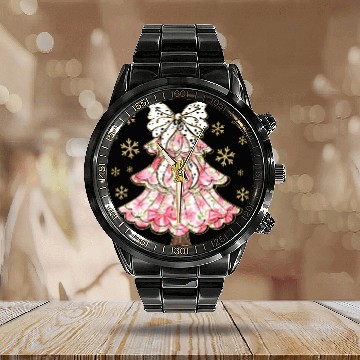 Discover Preppy Pink Coquette Bow Xmas Tree Calendar Steel Band Watch