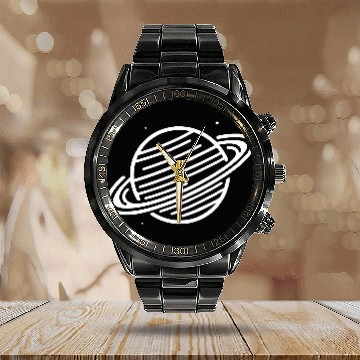 Discover Minimalistic Saturn Planet Space Vector path35 Calendar Steel Band Watch