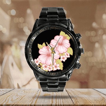 Discover Hawaii Hawaiian Girl Hibiscus Flower Calendar Steel Band Watch