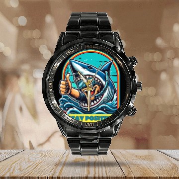 Discover Stay Positive Shark Calendar Steel Band Watch