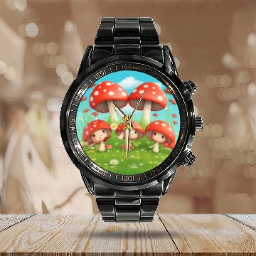 Discover Mushrooms in Grass - Enchanting Nature-Inspired Calendar Steel Band Watch
