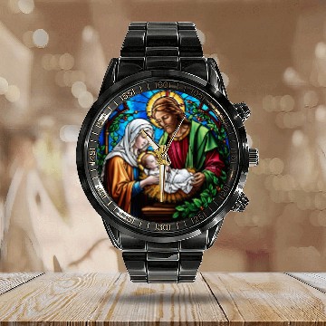 Discover Holly family cristal stained glass image Calendar Steel Band Watch