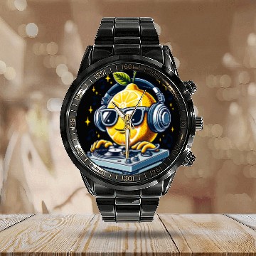 Discover DJ Lemon Groove with Headphones and Turntable Calendar Steel Band Watch