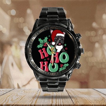 Discover HO HO HO French Bulldog Holly Leaf Funny Calendar Steel Band Watch