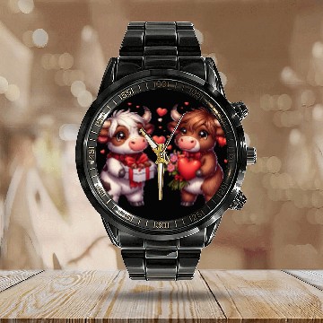 Discover Cute cartoon valentines highland cow Calendar Steel Band Watch