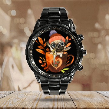 Discover Pug in A Coffee Cup with Christmas Calendar Steel Band Watch