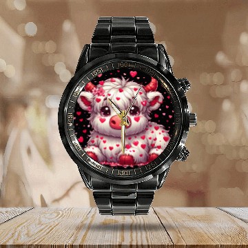 Discover Cute cartoon valentines highland cow Calendar Steel Band Watch