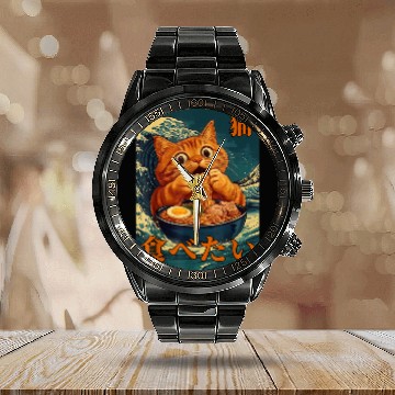 Discover Cat Ramen Japanese Graphic Art Kids Men Women Fun Calendar Steel Band Watch