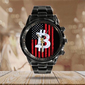 Discover Bitcoin American flag Calendar Steel Band Watch Crypto Trader Calendar Steel Band Watch