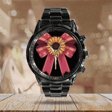 Discover Sunflower on Red Bow With Snowflakes Calendar Steel Band Watch