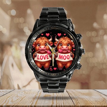 Discover Cute cartoon valentines highland cow Calendar Steel Band Watch