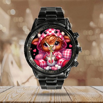 Discover Cute cartoon valentines highland cow Calendar Steel Band Watch