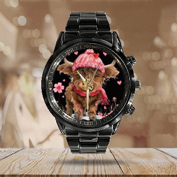 Discover Cute Highland Cow Valentines Day Calendar Steel Band Watch