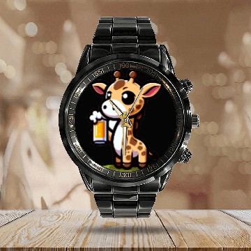 Discover Cute Giraffe Drinking Beer Calendar Steel Band Watch