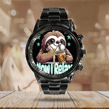 Discover funny quote gift idea bubble tea boba sloth design Calendar Steel Band Watch