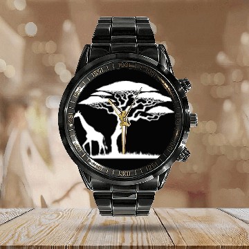 Discover Giraffe And Silhouette African Nature Calendar Steel Band Watch
