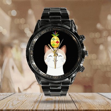 Discover Happy Cat with Pineapple - Tropical Animal Design Calendar Steel Band Watch