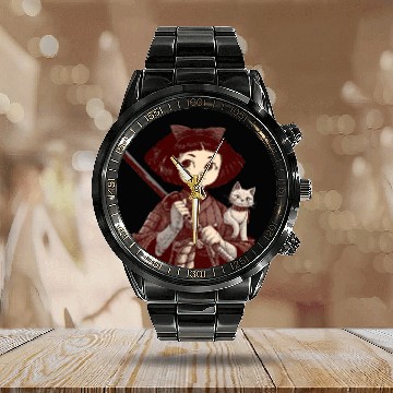 Discover Chibi Samurai Warrior Cat Companion & Blossoms Calendar Steel Band Watch