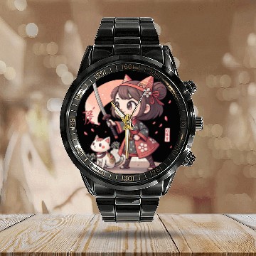 Discover Adorable Anime Samurai Girl: Cat & Katana Design Calendar Steel Band Watch