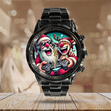 Discover Funny Christmas Duo: Santa & Rudolph Gaming Calendar Steel Band Watch