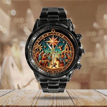 Discover Christmas Nativity Scene Wooden Ornament Calendar Steel Band Watch