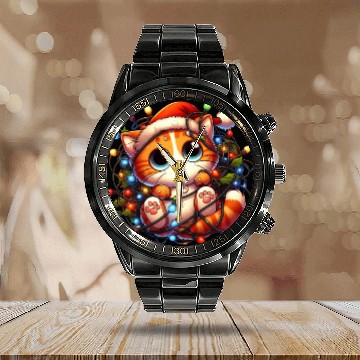 Discover Whimsical Cat’s Christmas Lights Adventure Calendar Steel Band Watch