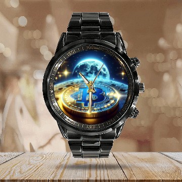 Discover Blue Gold Crypto Coin Calendar Steel Band Watch