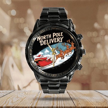 Discover North Pole Delivery with Santa and Reindeer Calendar Steel Band Watch