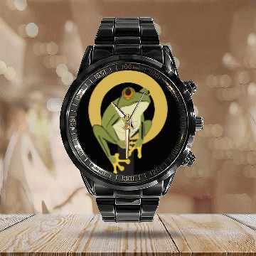 Discover Elegant Green Frog with Gold Accents Calendar Steel Band Watch