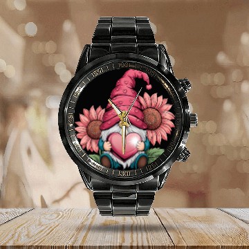 Discover Happy Valentines Gnome with Sunflower Calendar Steel Band Watch