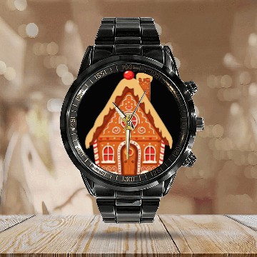 Discover Festive Gingerbread House Print Calendar Steel Band Watch
