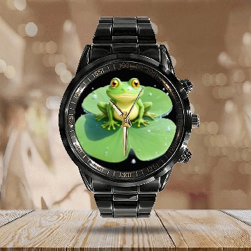 Discover Cheerful Frog on Lily Pad Calendar Steel Band Watch