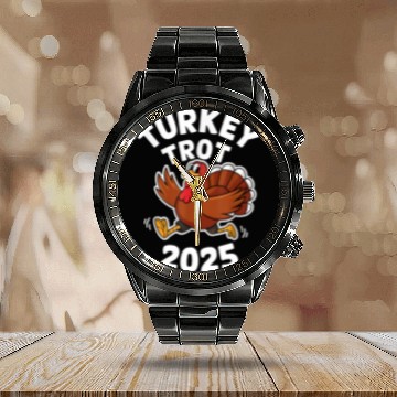 Discover Funny Thanksgiving Turkey Trot 2025 Calendar Steel Band Watch