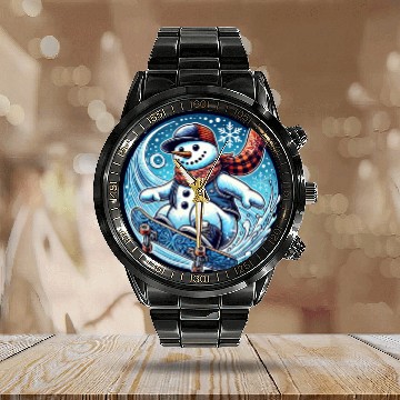 Discover Skateboarding Snowman: Bandana, Board & Snowflakes Calendar Steel Band Watch