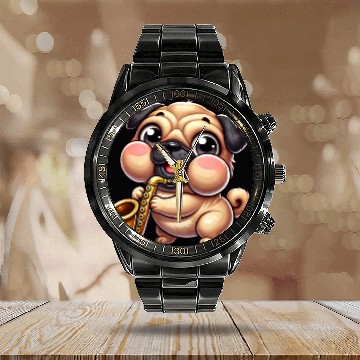 Discover Cute Pug Saxophone Musician Cartoon Jazz Calendar Steel Band Watch
