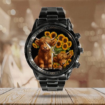 Discover Cute Scottish Highland Cow Sunflower Farmer Calendar Steel Band Watch
