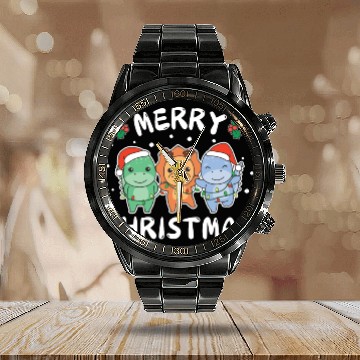 Discover Merry Christmas Cute Dino Festive Lights Dino Calendar Steel Band Watch