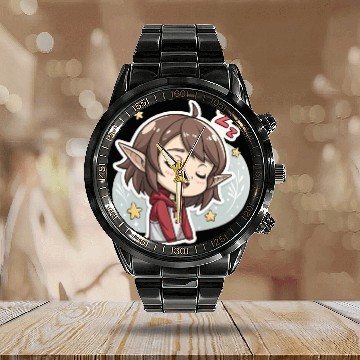 Discover Adorable Sleepy Elf Art Print for Cozy Comfort Calendar Steel Band Watch